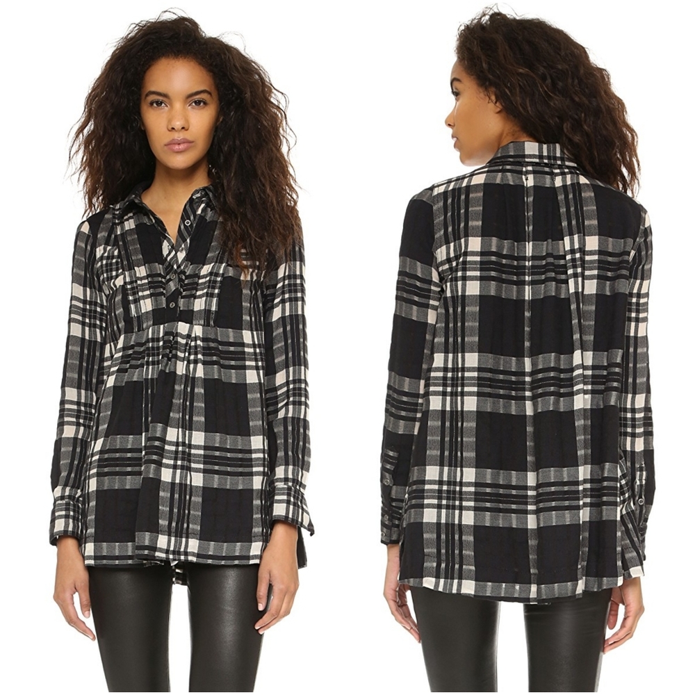 Free People Plaid Button Top Long Sleeve Black SM - Picture 1 of 6